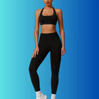 Yoga Workout Set in black shown from angled side with supportive halter bra and slim-fit leggings.