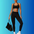Yoga Workout Set in black paired with gym bag and sneakers for complete activewear look.
