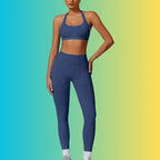 Yoga Workout Set in navy blue shown from front with halter neck sports bra and snug-fit leggings.