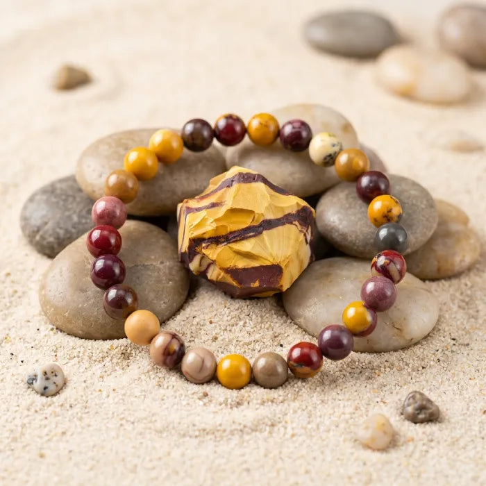 Yolk Stone Bracelet placed on sand with smooth stones, grounding crystal jewelry ideal for meditation and peaceful lifestyle