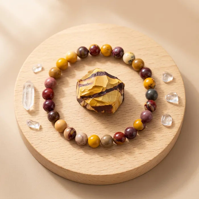 Yolk Stone Bracelet with natural beads on wooden base and crystal accents, earthy jewelry enhancing balance and calm energy