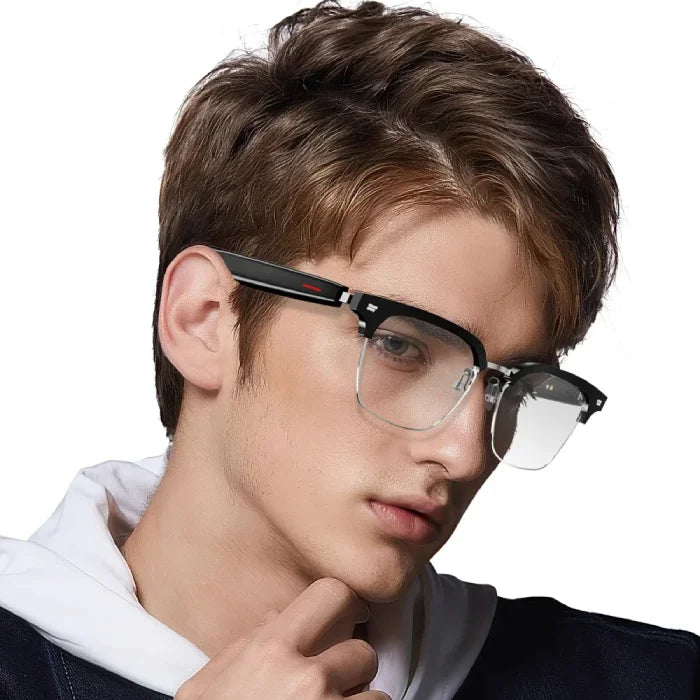 Young male model wearing lightweight, stylish glasses, looking comfortable.