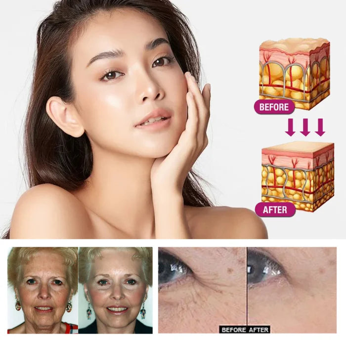 Young woman's glowing skin before and after using rejuvenating skin care.