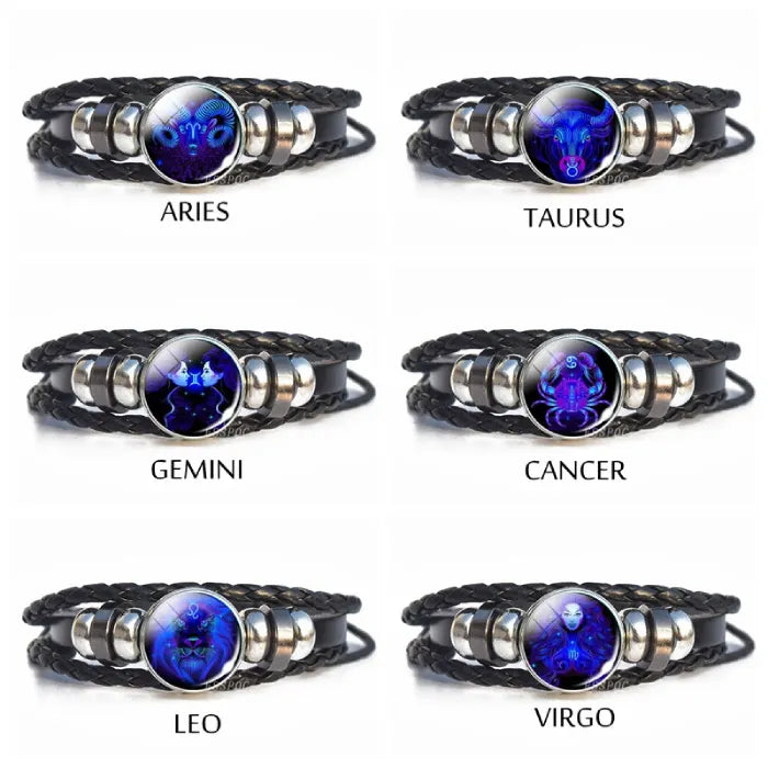 Zodiac Sign Bracelet options for Aries through Virgo shown in grid layout, featuring glowing celestial charms perfect for astrology lovers.
