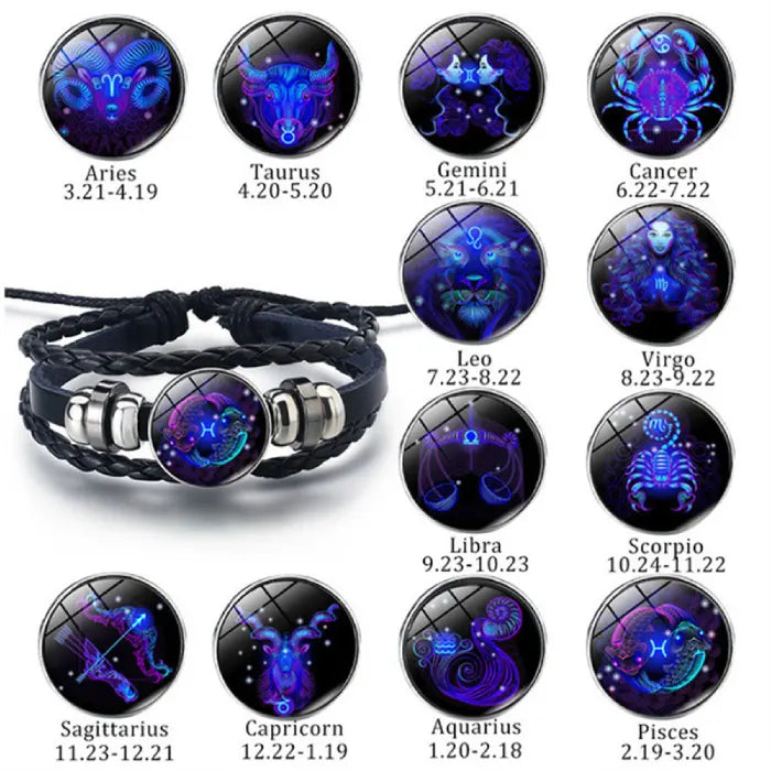 Zodiac Sign Bracelet collection with glowing astrology symbols displayed in a circular layout, offering mystical personalized jewelry style.