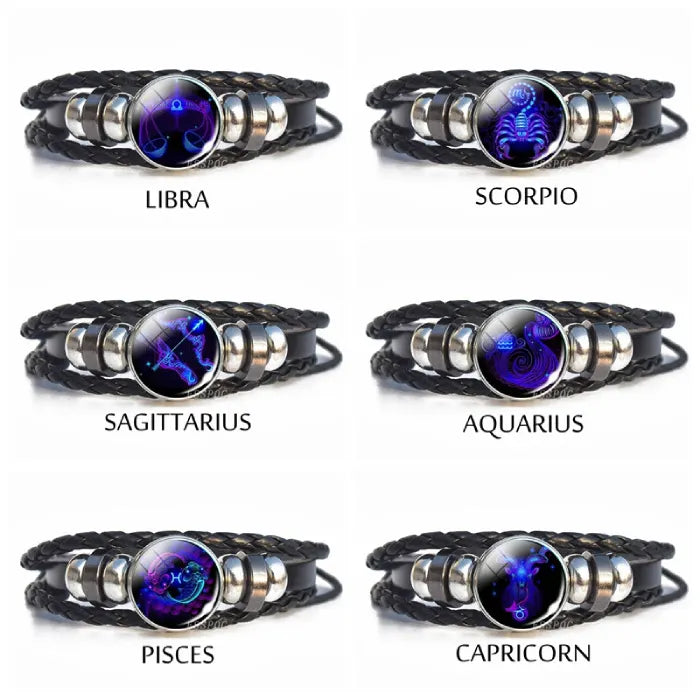 Zodiac Sign Bracelet designs for Libra to Capricorn arranged neatly, showcasing vivid horoscope artwork for meaningful celestial jewelry gifts.