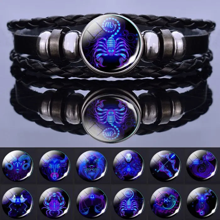 Zodiac Sign Bracelet featuring glowing Scorpio charm with additional zodiac inserts displayed below, highlighting celestial jewelry versatility.