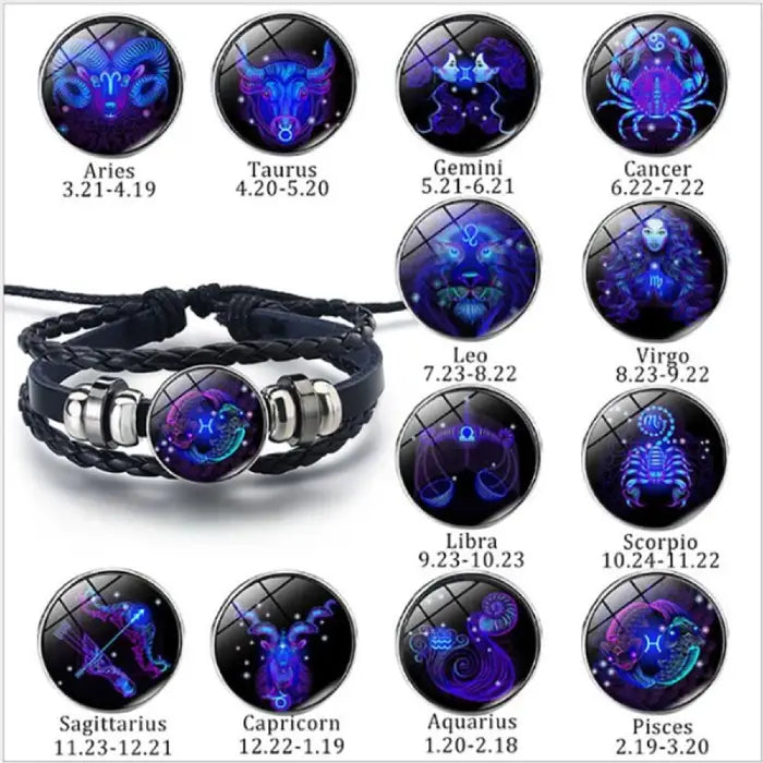 Display of zodiac sign bracelets with glowing mystical designs for all 12 astrology signs, including Aries.