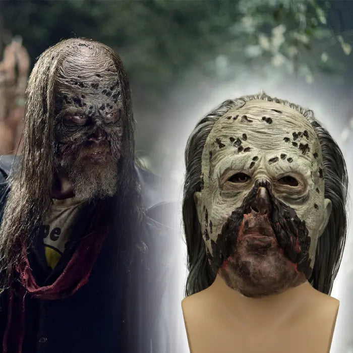 Zombie face mask composite image showing front and contextual undead character poses.