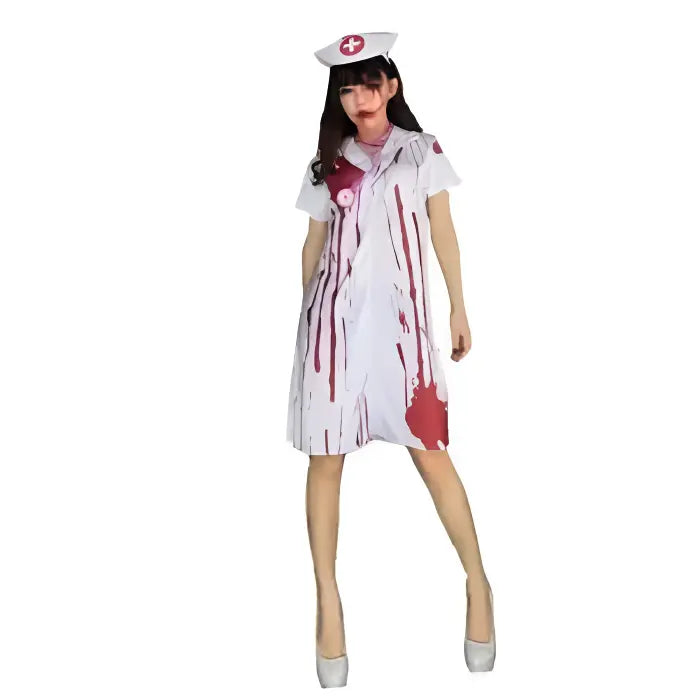 Zombie nurse Halloween costume with white bloody dress and nurse cap.